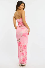 Pink Floral Strapless Maxi Dress