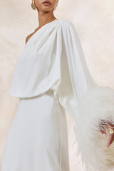 Felicity | White Satin Asymmetric-Neck Maxi Dress With Feather Detailing
