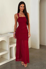 Salvatore One Shoulder Mesh Maxi Dress - Burgundy