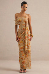 Afton | Orange Floral Mesh Asymmetric-Neck Maxi Dress With Sash Detail