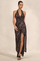 Anwen | Leopard Print Mesh V-Neck Maxi Dress With Front High Split
