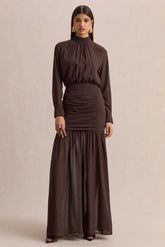 Zella | Brown High-Neck Maxi Dress With Sheer-Skirt