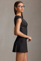 Pinstripe Pleated Waistcoat Mini Dress in Black