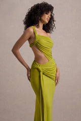 Giovanna | Olive Asymmetric Maxi Dress With Wrap Skirt