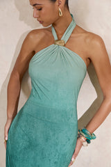 Thera | Turquoise Ombre Halter-Neck Maxi Dress With Gold Detail