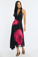 Red Floral Halter Neck Midi Dress