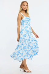Blue Floral Midi Dress Ruched Bust