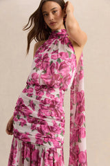 Veronique | Pink Hibiscus Floral Halter-Neck Maxi Dress