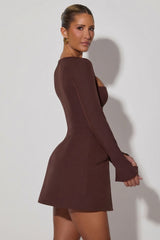 Square-Neck Structured Tulip Mini Dress in Chocolate Brown