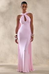 Rhoda | Light Pink Twist Halter-Neck Cape Maxi Dress