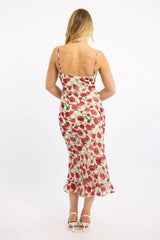 White Floral Midi Dress Bias Chiffon