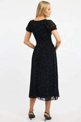 Black Midi Dress Puff Sleeve Burn Out