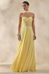 Lyvoria | Lemon Bandeau Maxi Dress With Mesh-Detail And Scarf