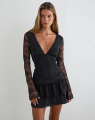 Mishal Long Sleeve Plunge Mini Dress in Lace Black