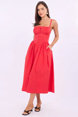 Red Midi Dress Lace Trim Corset Detail Poplin