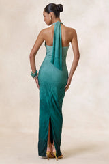 Thera | Turquoise Ombre Halter-Neck Maxi Dress With Gold Detail