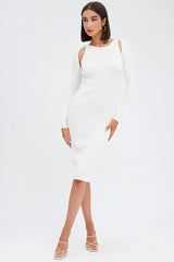 White Midi Dress Long Sleeve Keyhole Bodycon Rib Knit