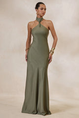 Bellora | Khaki Satin Halter-Neck Maxi Dress With Scarf-Detail