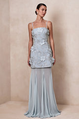 Nessa | Light Blue 3D Floral Square-Neck Maxi Dress With Sheer Skirt