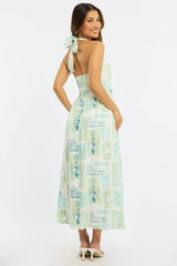 Green Abstract Maxi Dress Halter Neck