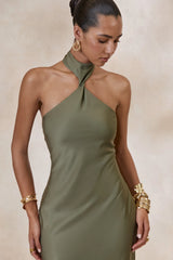 Bellora | Khaki Satin Halter-Neck Maxi Dress With Scarf-Detail