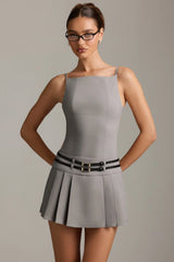 Belted Backless Pleated Mini Dress in Grey