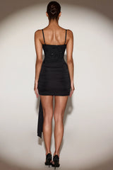 Embellished V-Neck Draped Corset Mini Dress in Black