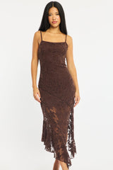 Brown Midi Dress Asymmetric Hem Lace