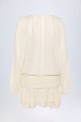 Lace-Up Balloon-Sleeve Mini Dress in Ivory