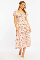 Pink Ditsy Midi Dress Puff Sleeve