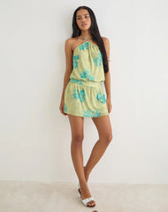 Sunyi Mini Dress in Green Blurred Jungle with Turquoise Rose