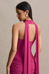Graciella | Hot Pink Bandeau Maxi Dress With Draped Detailing And Scarf