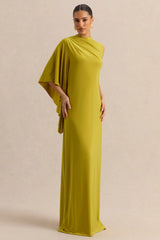 Marosia | Olive High-Neck Maxi Dress With Cape Sleeve