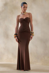 Elodia | Brown Bandeau Maxi Dress With Gathered-Detailing