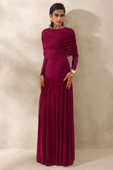 Enalia | Burgundy Mesh High-Neck Maxi Dress With Short-Cape