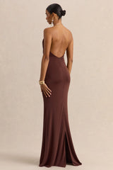 Chanterra | Brown Halter-Neck Maxi Dress With Draped-Detailing
