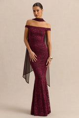 Iselle | Burgundy Lace Bardot-Neck Maxi Dress With Scarf-Detail