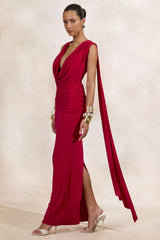 Aralyn | Red Plunge Cowl-Neck Maxi Dress With Sash Detail