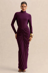 Harmona | Dark Plum High-Neck Maxi Dress With Gathered And Draped-Detailing