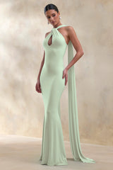 Rhoda | Mint Twist Halter-Neck Cape Maxi Dress