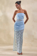 Dulcie | Powder Blue Lace And Satin Bandeau Maxi Dress With Wrap-Details