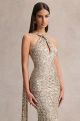 Renelle | Gold Sequin Halter-Neck Maxi Dress