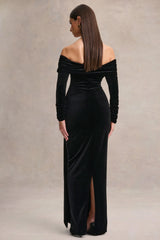 Jessara | Black Bardot-Neck Maxi Dress With Knot-Details