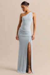 Belrose | Blue Asymmetric-Neck Maxi Dress With Gold-Detail And Front-High Split