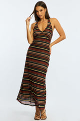 Multi Stripe Midi Dress Halter Neck