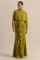 Perla | Olive High-Neck Maxi Dress With Gathered-Detailing