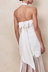 Skylar | White Lace Halter-Neck Maxi Dress With Open-Back And Bow Detail