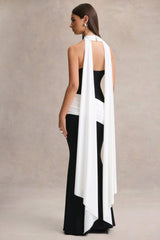 Dorinda | Black And White High-Neck Maxi Dress With Drape And Scarf-Detail