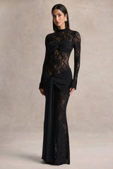 Akira | Black Sheer Lace Maxi Dress With Sash-Detail
