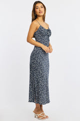 Blue Ditsy Midi Dress Gathering Bust Sleeveless